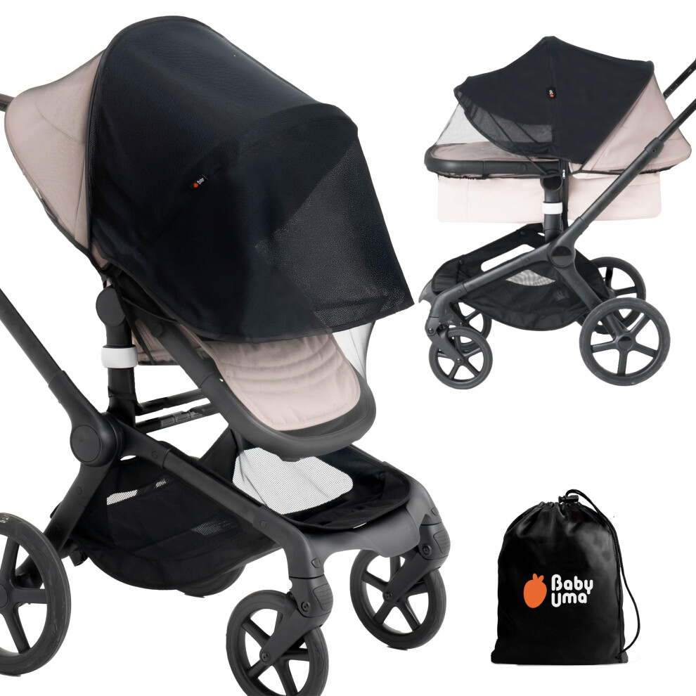 Baby Uma 2-In-1 Pram Sun Shade & Mosquito Net For Pram - Upf 50+ Baby Sun Shade, Breathable Blackout Mesh Baby Mosquito Net (+ Travel Bag)