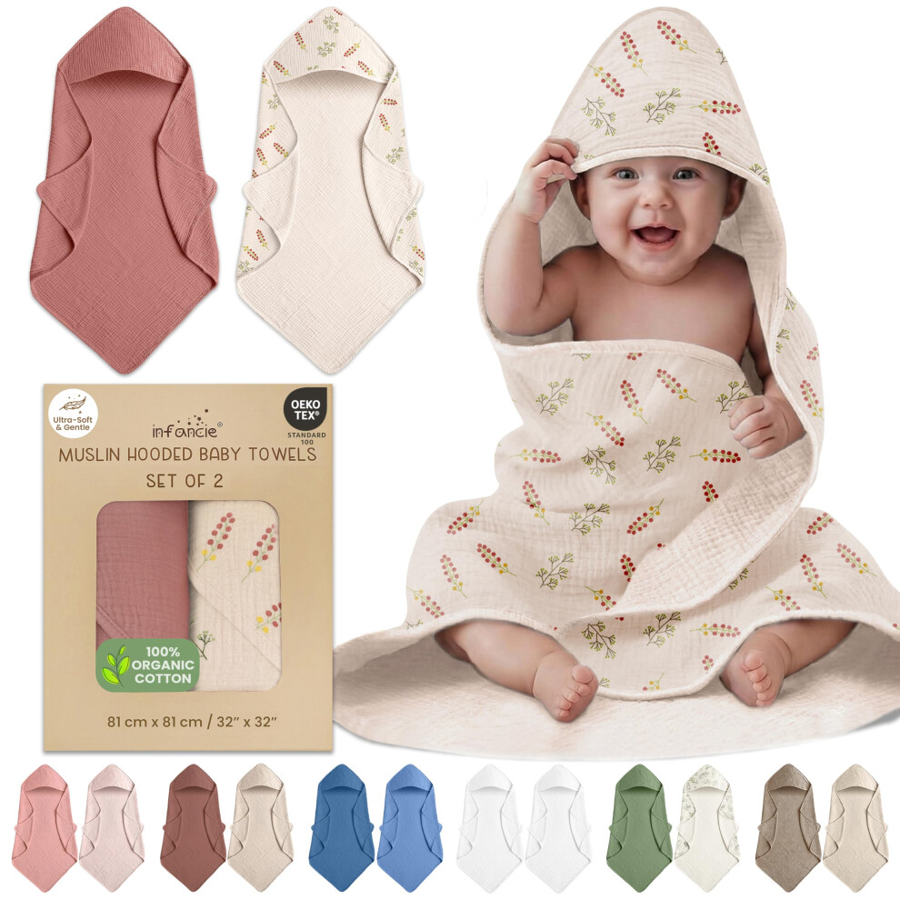 Hooded Baby Towel - 2 Pack Muslin Baby Towels For Infants, Organic Cotton Bath Towels With Hood - Super Soft, Absorbent And Durable (Pink/Fl Pink Infancie