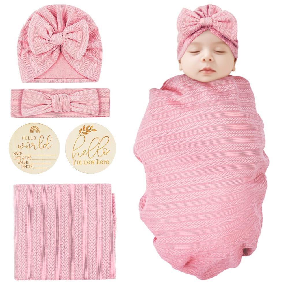 Newborn Swaddle Blanket With Headband Set, Newborn Swaddle Blanket Wooden Card Set, Soft Newborns Receiving Blankets With Matching Bow Hat An Vicloon