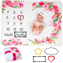 Baby Milestone Blanket | Monthly Photo Mat for Newborn Boy or Girl, Unisex | Flowers & Leaves | Personalised Baby Shower Present for New Mums | Age M
