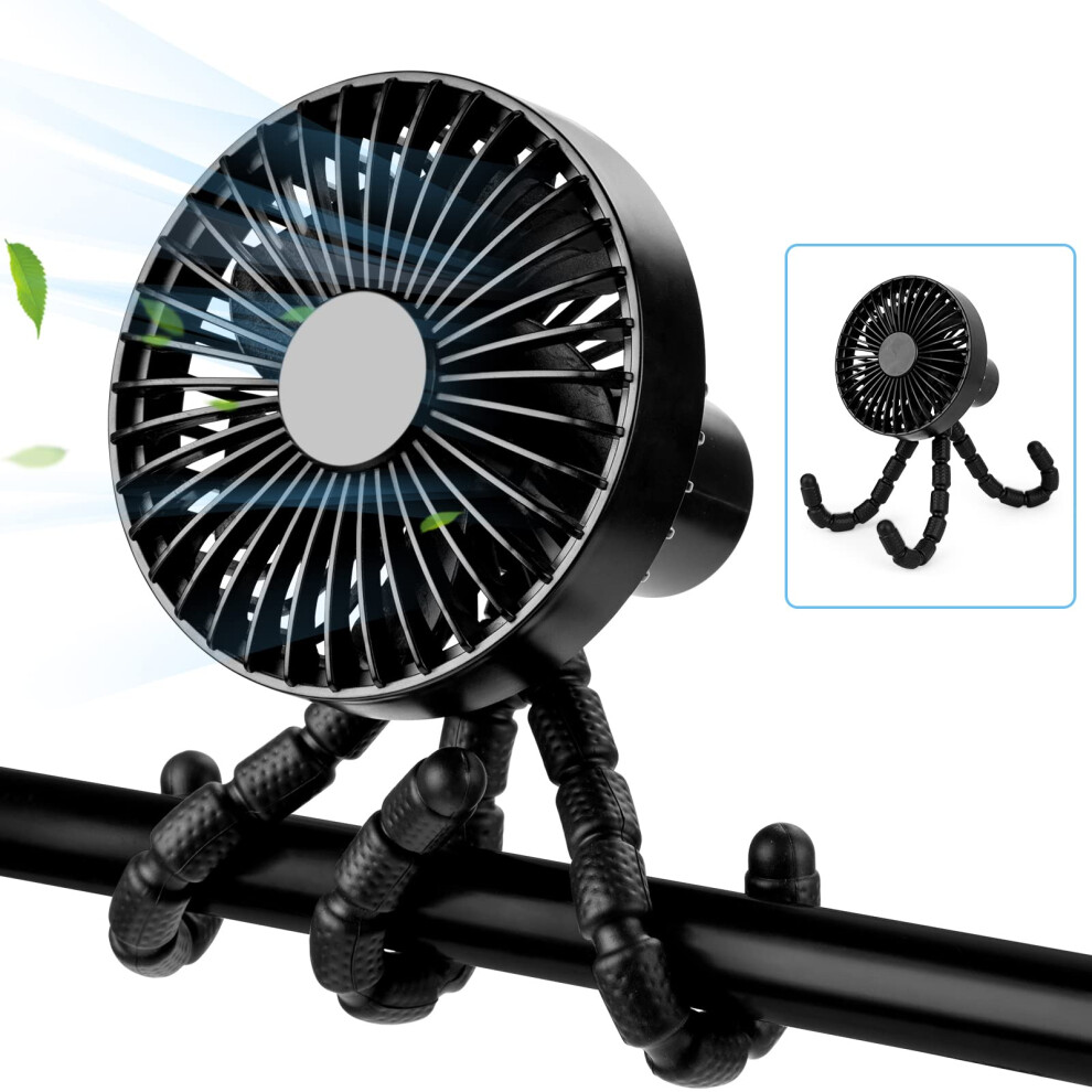 Funsland Pram Fan, Rechargeable Portable Clip On Fan For Stroller With Flexible Tripod, 3 Speeds Mini Baby Buggy Fans Cooling, 1800Mah Battery Powere
