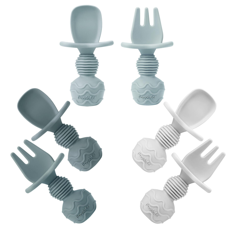 6 Pack Silicone Baby Spoons And Forks Set - Self Feeding Infant Utensils For 6-12 Months - First Stage Baby Led Weaning (Blw) Training Set W Pandaear