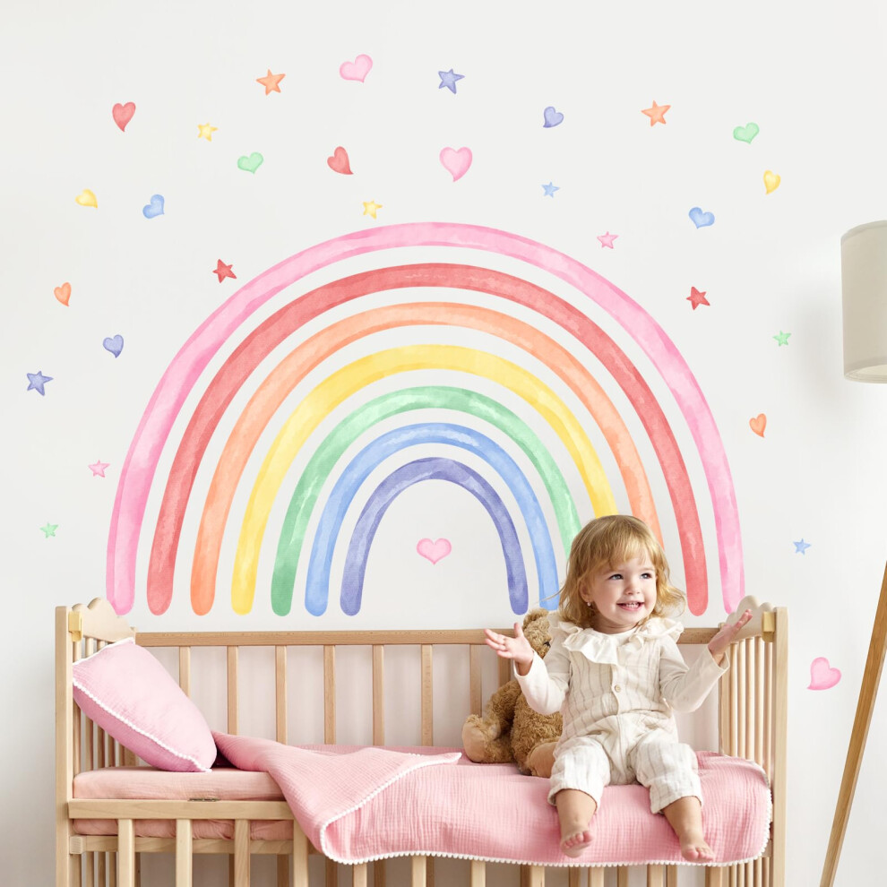 Supzone 42"X26" Rainbow Hearts Stars Wall Decals For Girls Nursery Watercolor Rainbow Wa