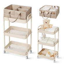 Fortella Nappy Caddy Organizer, 3-Tier Storage Trolley on Wheels, Bedroom Storage Baby Essentials for Newborn Nursery Changing Table, Easy Assembly,