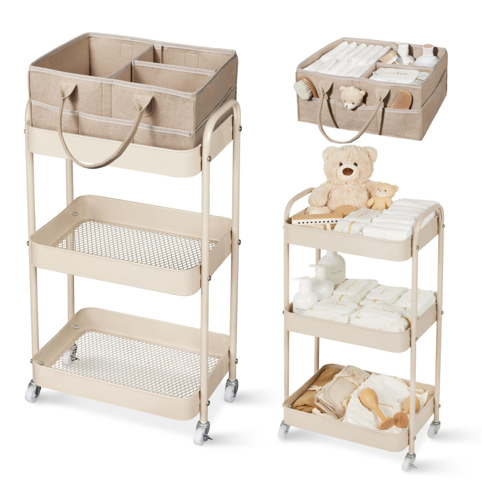 Fortella Nappy Caddy Organizer, 3-Tier Storage Trolley On Wheels, Bedroom Storag