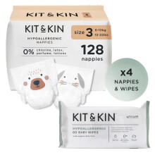 Kit & Kin Premium Size 3 Newborn Essentials Starter Pack | 4X Packs Baby Nappies and 4X Packs Wet Wipes | Hypoallergenic with Flash Dry High-Performa