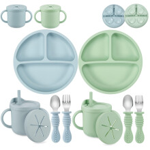 PandaEar 8-Piece Silicone Baby Feeding Set - 2X Suction Plates, 2X 2-in-1 Sippy Cups, 2X Spoon & Fork Sets | Travel Weaning Supplies