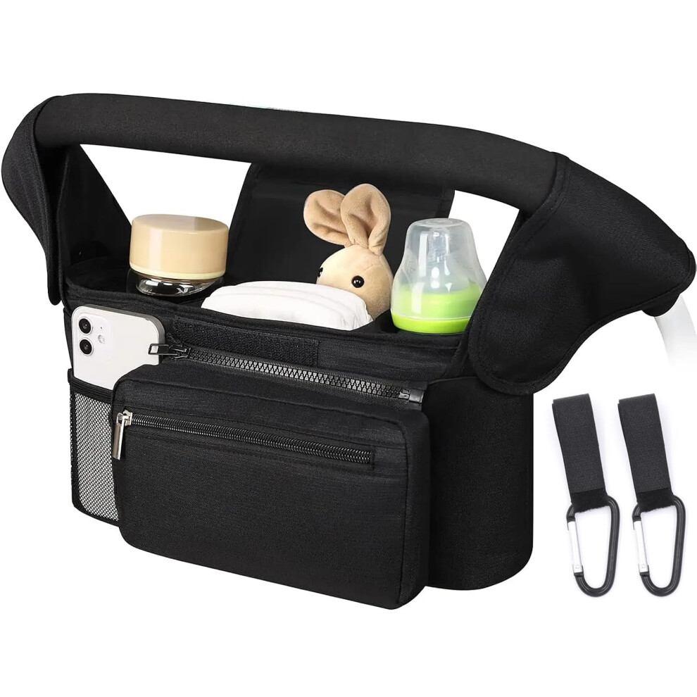 Baby Pushchair Organiser,Baby Pram Bag Stroller,2 Insulated Cup Holder, Large Capacity, Detachable Zippered Pocket, Adjustable Shoulder Strap & Non-S Halouleni
