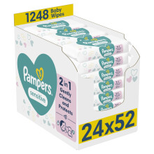 Pampers Sensitive Baby Wipes 24 Packs of 52 Wipes = 1248 Baby Wet Wipes, 2 in 1 Gently Cleans & Protects, 0% plastic in wipes