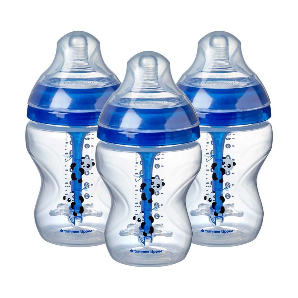Tommee Tippee Advanced Anti-Colic Baby Bottle, Breast-Like Teat And Heat Sensing Technology, 260Ml, Pack Of 3, Blue