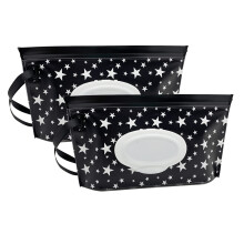 Portable Baby Wet Wipe Pouch Bags, Reusable & Refillable Wipes Dispenser, Eco Friendly & Lightweight Travel Wet Wipe Holder (2 Pack, Black Star)