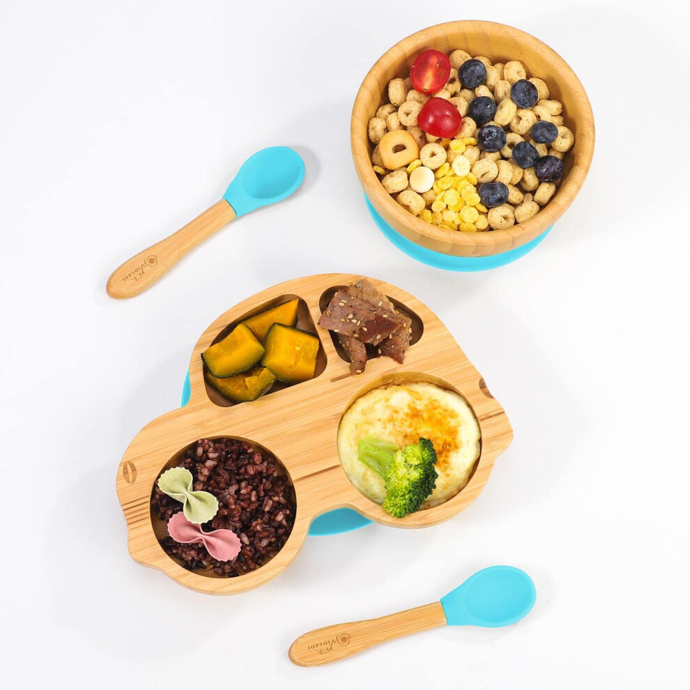 Vinsani Bamboo Car Plate Bowl And Spoon Set For Baby Toddler Kids Children, Suction Plate, Stay-Put Non-Slip Base Design, Hypoallergenic, Food-Grade