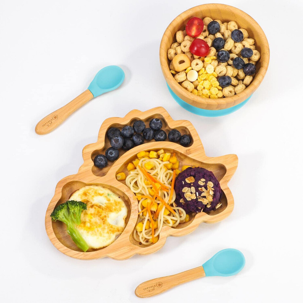 Vinsani Bamboo Dinosaur Plate Bowl And Spoon Set For Baby Toddler Kids Children, Suction Plate, Stay-Put Non-Slip Base Design, Hypoallergenic, Food-G