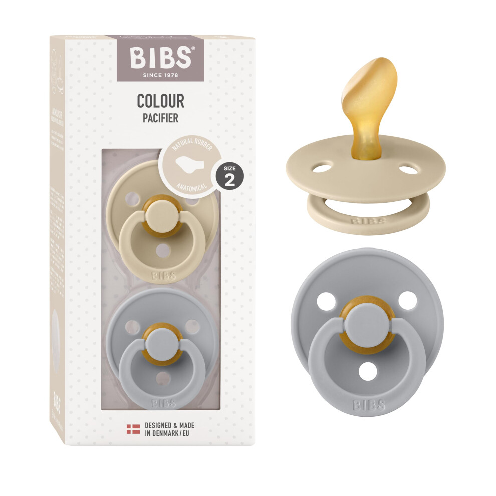 Bibs Colour Anatomical Soother 2-Pack, Bpa Free Dummy Pacifier, Orthodontic Nipple. Natural Rubber Latex, Made In Denmark. 6-18 Months (Pack Of 2)