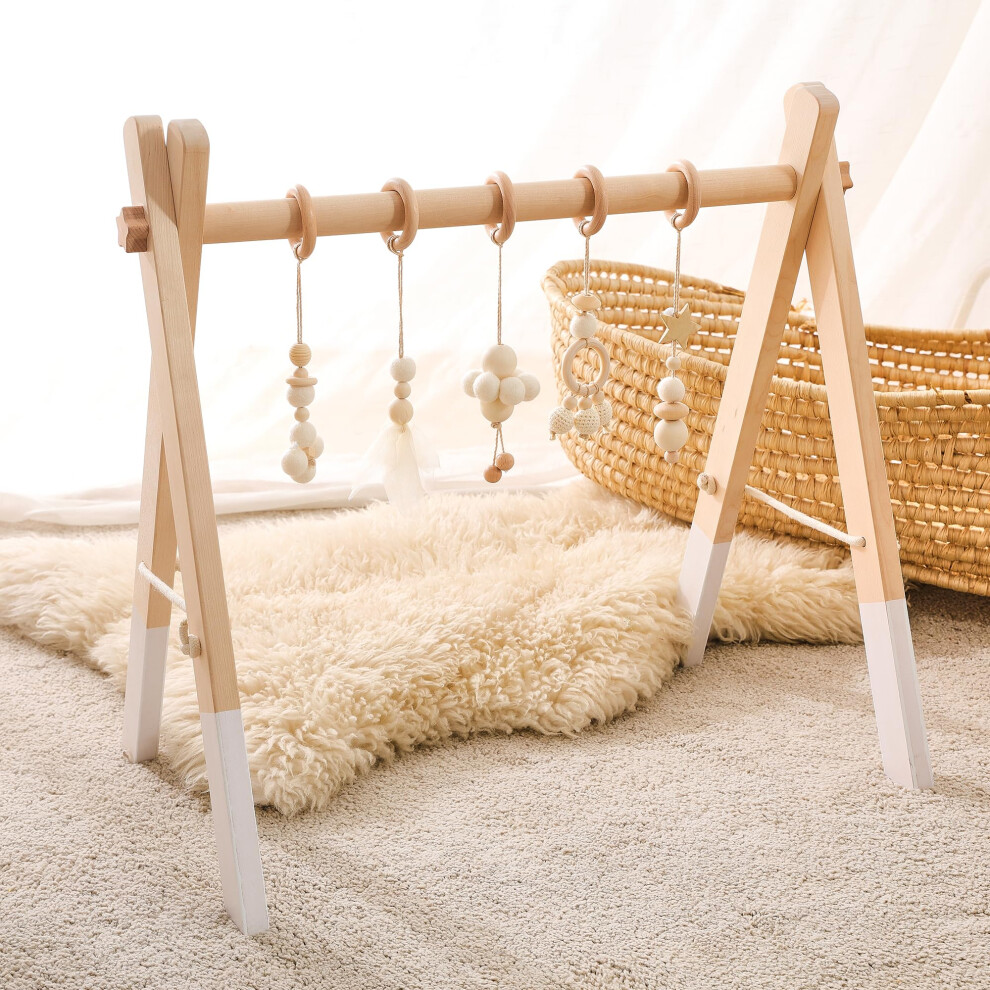 Wooden Baby Play Gym Arch With 5 Detachable Sensory Toys, Cotton Pendant Design, Newborn Baby Essentials White Promise Babe