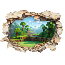 3D Pixel Block Wall Decal – Cube World Forest Mural with Smashed Hole Effect, Gamer Room Decor for Kids, Peel & Stick Vinyl (4060 cm)