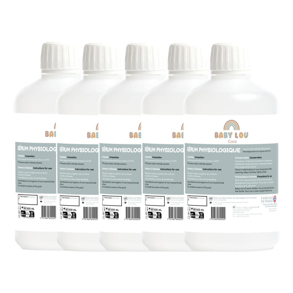 Babylou Care | Saline Solution Bottle - Physiological Solution 5X500ml | Nacl 0.9% | Made In France | Nasal Irrigation | Nose Hygiene | For External