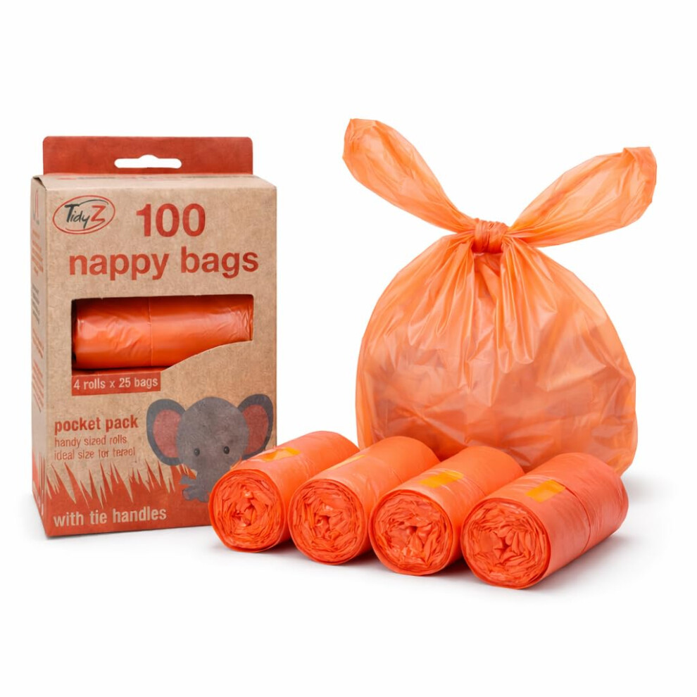 100 Nappy Bags With Tie Handles - 4 Rolls Of 25 Pocket-Sized Travel Packs - Extra Strong & Degradable Baby Waste Disposal Bags(Pack Of 1) Tidyz