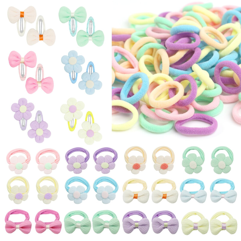 Bathrins 136 Pcs Toddler Hair Accessories Candy Colors Hair Clips & Hair Bands With Bows And Flowers, Elastic Ponytail Holder Hair Ties Hair Accessories For G
