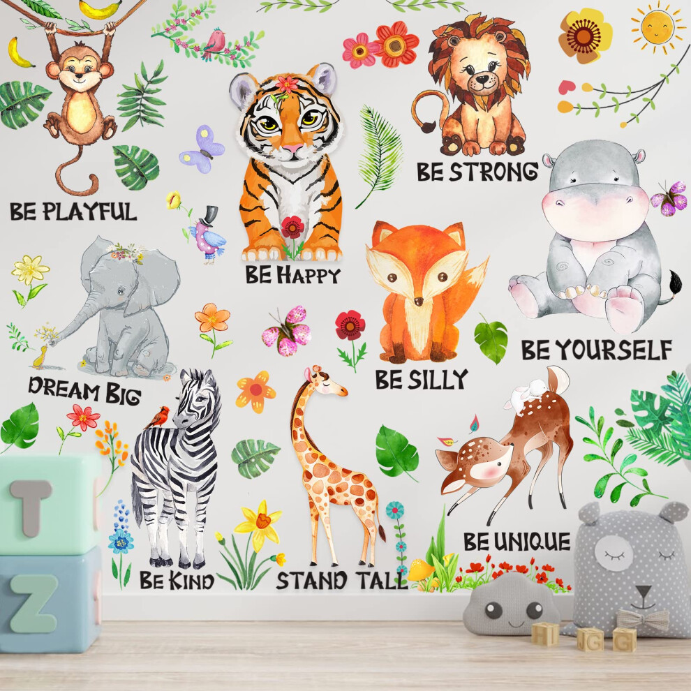 Boarshua 9 Pcs Jungle Animal Wall Decals, Removable Woodland Safari Animal Wall Sticker With Inspirational Quotes For Baby Boys Girls Infant Children Kids Nur