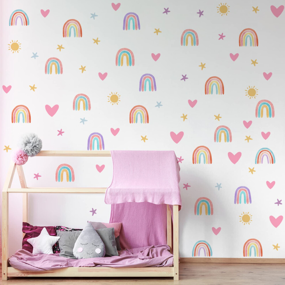 Rainbow Wall Decor Stickers Small Rainbow Wall Decal Watercolor Heart Sun Star Wall Stickers For Girls Boys Baby Bedroom Nursery Wall Decor( Sepamoon