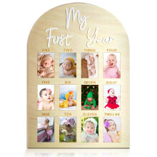 hongpar One Year Birthday Wooden Photo Board My First Year Milestone Photo Board 12 Monthly Picture Frame Baby First year Wood Acrylic Sign 1st Birth