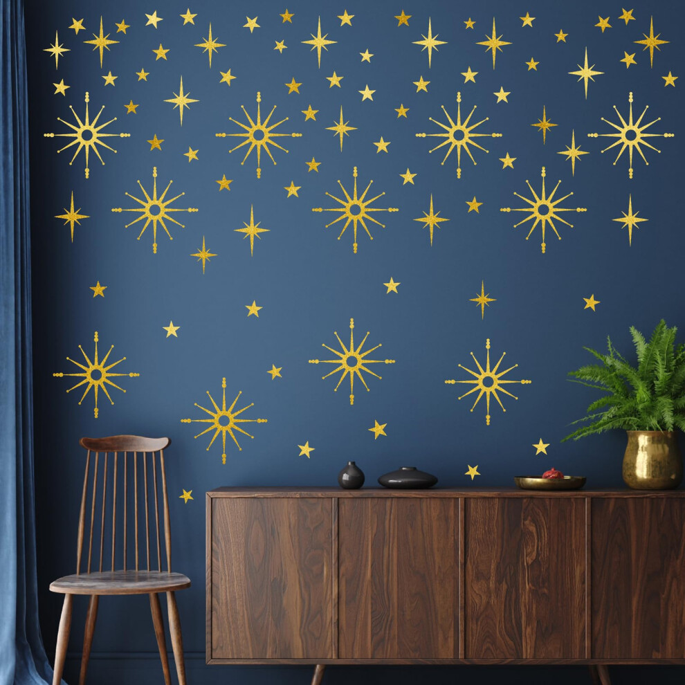 Easma Gold Star Wall Stickers Retro Starburst Wall Decals Peel And Stick For Bedroom Living Room Decor Ceiling Stars Atomic Mid Century Wall Art Murals Mod
