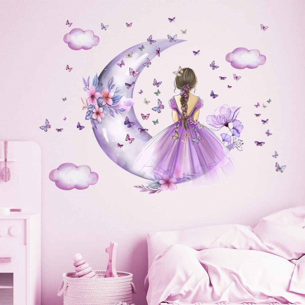 Butterfly Girl Wall Sticker,Moon Clouds Flower Fairy Wall Decal,Floral Wall Mural Butterflies Wall Art For Girls Baby Nursery Bedroom Playroo Lekabee
