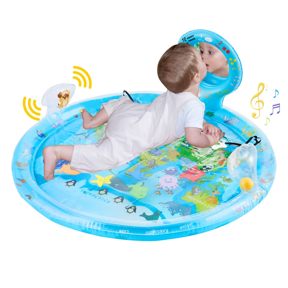 Magosis Extra Large Tummy Time Mat 80X80cm, Inflatable Water Play Mat With Mirror, Rattle, Teethers & Floating Sea Animals