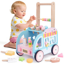 Wooden Baby Walker with Wheels for Girls, Toddler Play Store Ice Cream Toy, Multifunctional Ice Cream Cart with Baby Activity Center