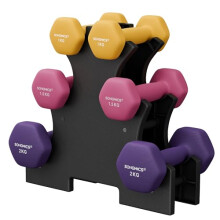 SONGMICS Set of 6 Dumbbells with Storage Stand, Hand Weights with Neoprene Coating, Hexagonal Dumbbells, 1 kg, 1.5 kg, 2 kg, Home Workout, Fitness, Y