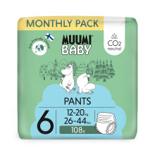 Muumi Baby Eco Pull Ups Size 6 Monthly Pack, 12-20 kg, 108 Sensitive Premium Nappy Pants with Leakage Barrier | Soft and Skin Friendly, No Unnecessar