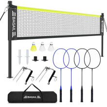 BAGAIL Outdoor Badminton Net Set with Anti-Sag Winch System - Official Size 6.1x1.55m, 4 Rackets, 3 Badminton Balls, Durable PE Net and Carrying Bag