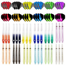 BIPY 72PCS Dart Shafts and Flights Set in 15Pcs Gradient Color Crystal Clear Dart Stems 21Pcs Colorful transparent frosted Dart Shafts and 36Pcs 2D D