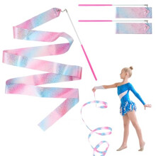 nllkii 2 Pcs Flashing Dance Ribbons with Pink Wand, 78.7 Inch Gymnastics Ribbon Dancer Wand Dancing Ribbon Streamers for Kids, for Talent shows, Arti