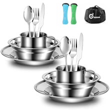 Odoland Camping Cutlery Set - Stainless Steel Tableware Mess Kit Plate Cup Fork Spoon, 7 in 1 Flatware Kit with Mesh Bag - Dinnerware Utensils Set fo