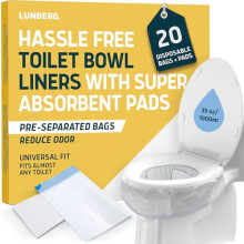 Lunderg Toilet Liners with Lemon Scented Super Absorbent Pads - Value Pack 20 Count Universal Fit - Disposable Toilet Bags - Convert any Home, Boat o