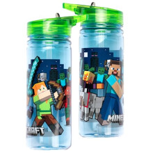 Minecraft Water bottle with straw 580 ml 100% Leakproof Durable School Water Bottle Strong Plastic and BPA free - Dark Blue