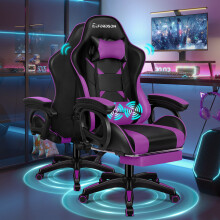 ELFORDSON Massage Gaming Chair with Footrest Armrests Ergonomic Home Office Chairs with Head & Lumbar Cushion PU Leather Purple & Black