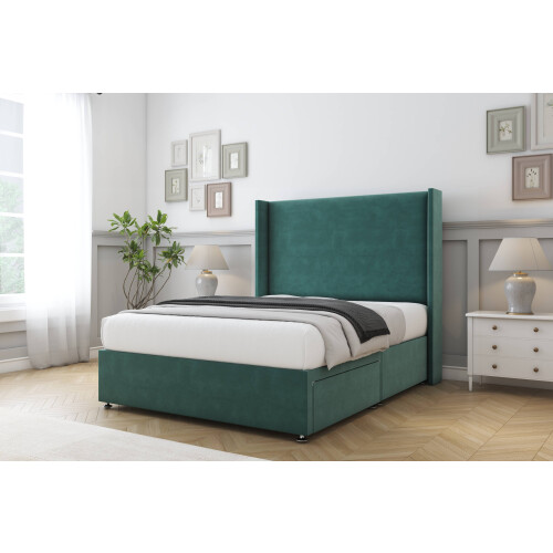 (4' Small Double, Emerald) Sloomy Devonshire Plush Divan Bed Base No Drawers With 54" Wingback Headboard 2