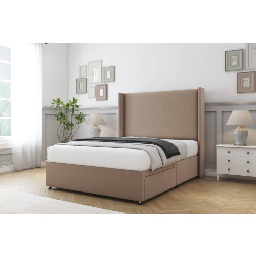 (3' Single, Mink) Sloomy Devonshire Plush Divan Bed Base No Drawers With 54" Wingback Headboard 2