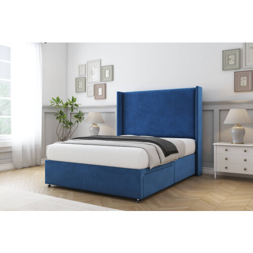(5' King, Navy) Sloomy Devonshire Plush Divan Bed Base No Drawers With 54" Wingback Headboard 2
