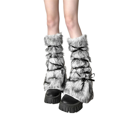 Plush Leg Warmers for Teens with Crossover Lace Design-White