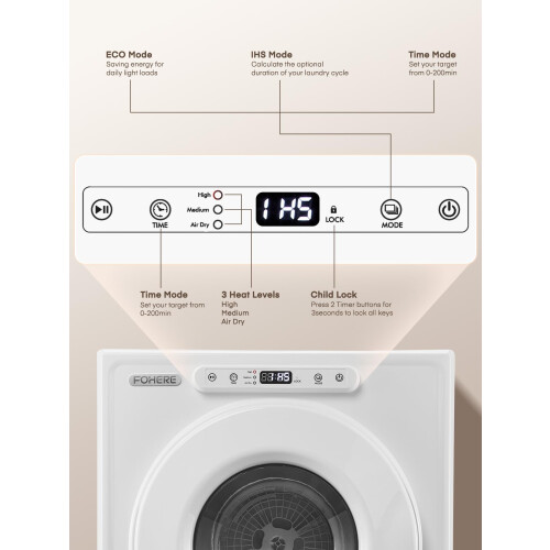 6KG Vented Tumble Dryer, FOHERE 1500W Compact Samrt 1