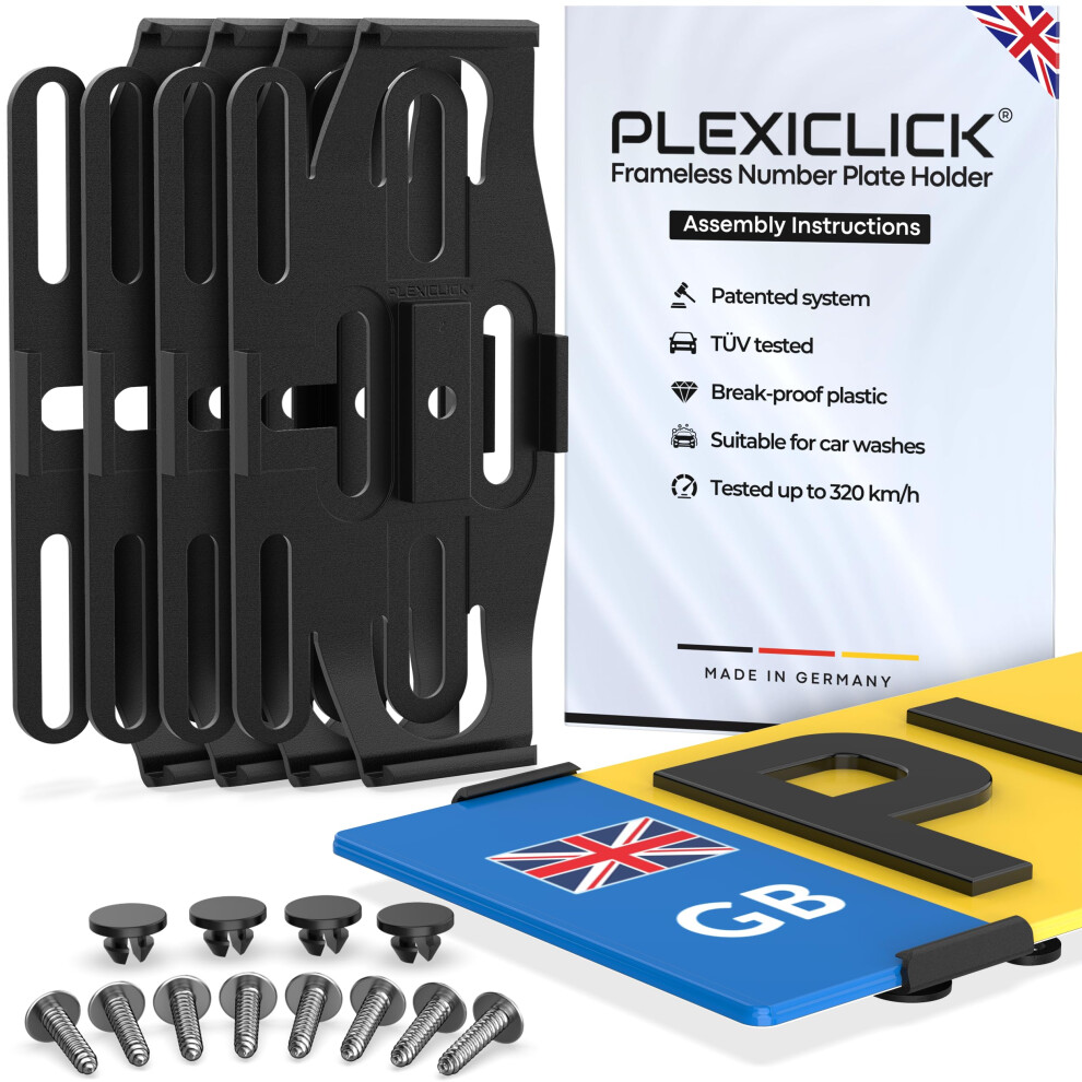 Plexiclick 4X Number Plate Holder - Frameless Number Plate Clips For Acrylic Uk Number Plates - Universal Reg Plate Holder - Strong & Secure Black 41338315