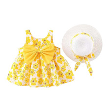 Baby Girl Floral Dress with Red Bow and Sun Hat