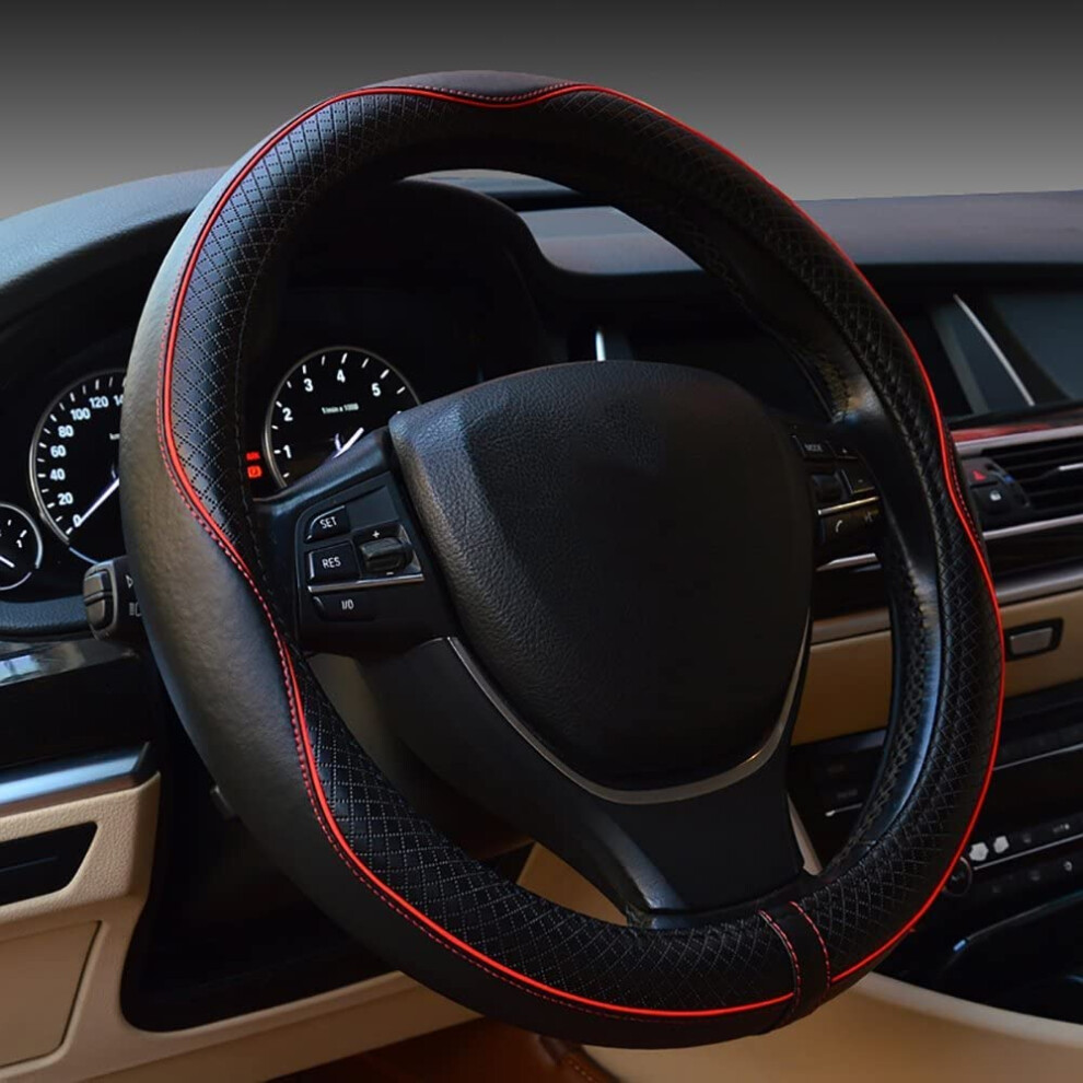 Gomass Car Steering Wheel Cover, Anti-Slip, Safety, Soft, Breathable, Heavy Duty, Thick, Full Surround, Sports Style ( With Line) Black/Red 79504362