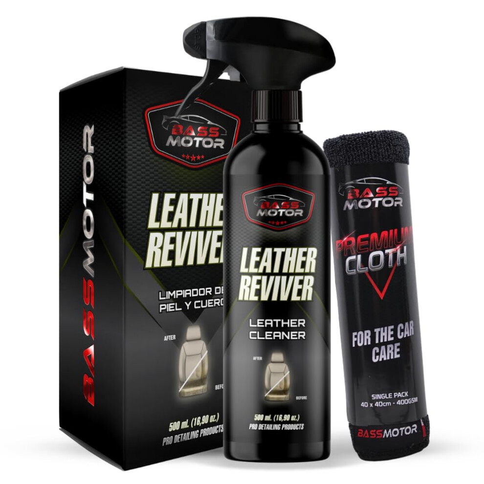 Bassmotor Leather, Skin, And Alcantara Cleaner For Car Cleans, Degreases, And Conditions Seats And Upholstery - Leather Reviver 500 Ml + Premium Clot 42832232