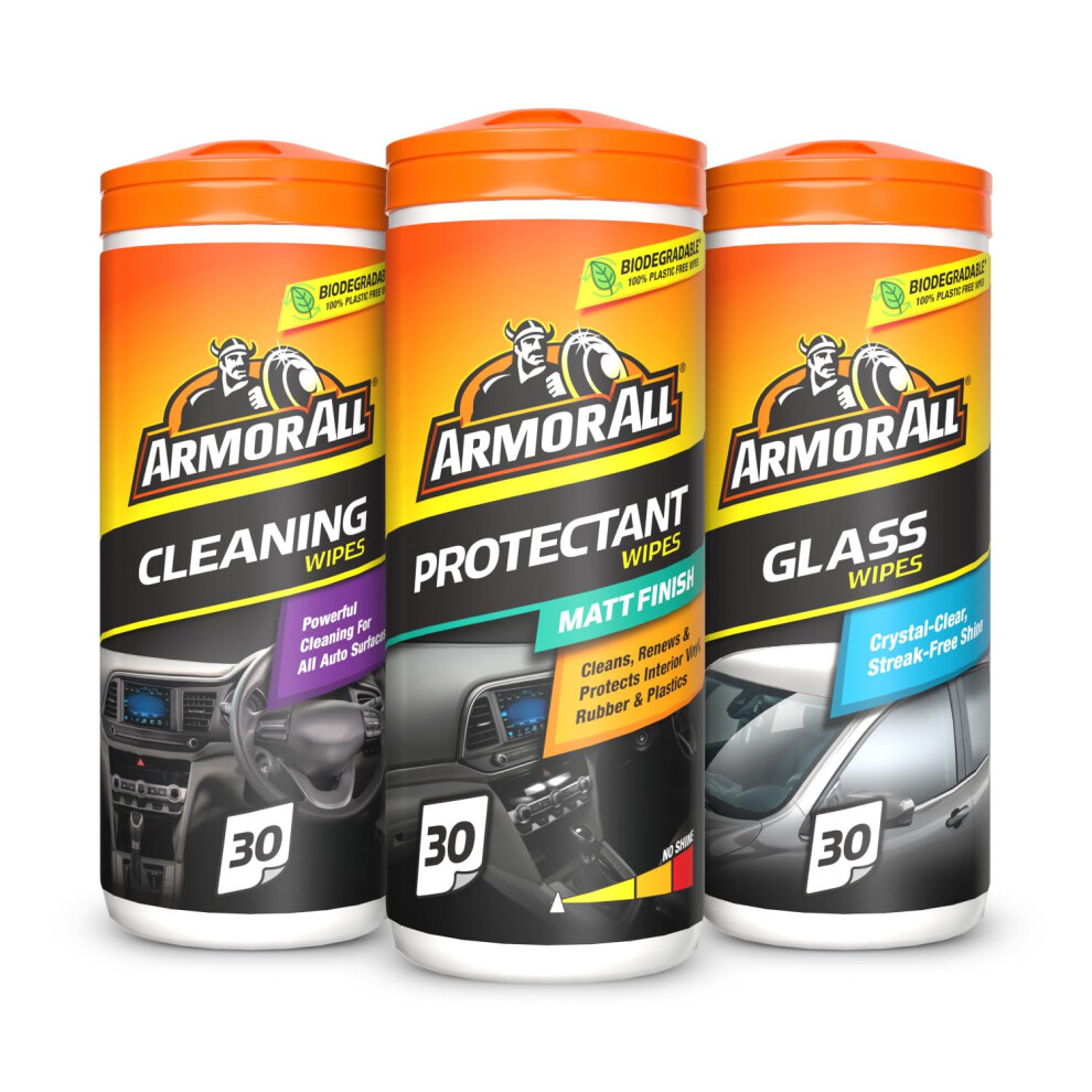 Armor All, Car Interior Cleaning Wipes, Triple Pack For Dashboard, Glass & All Around Interior, 90 Biodegradable Wipes (Set Of 3X30 Plastic Free Wipe 89176238