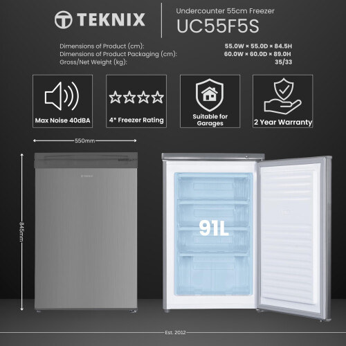 Teknix UC55F5S Freestanding Undercounter Freezer - 55cm Width 1
